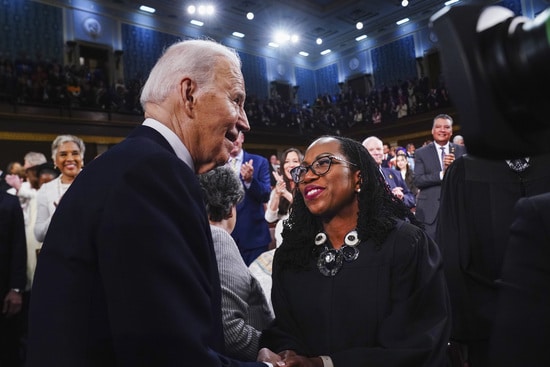 FILE - President Joe Biden, left, greets Justice Ketanji Brown Jackson as he arrives to deliver the State of the Union address to a joint session of Congress at the Capitol, March 7, 2024, in Washington. (Shawn Thew/Pool via AP, File)