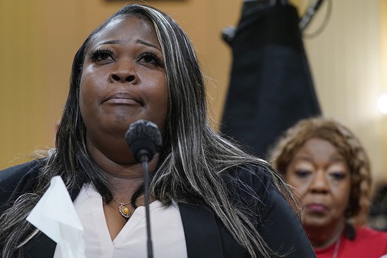 Wandrea "Shaye" Moss, a former Georgia election worker, testifies as her mother Ruby Freeman listens at right, as the House select committee investigating the Jan. 6 attack on the U.S. Capitol continues to reveal its findings of a year-long investigation, at the Capitol in Washington, Tuesday, June 21, 2022. (AP Photo/Jacquelyn Martin)