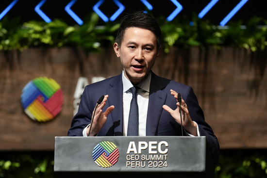 TikTok CEO Shou Zi Chew talks during the Asia-Pacific Economic Cooperation (APEC) summit in Lima, Peru, Friday, Nov. 15, 2024. (AP Photo/Fernando Vergara)