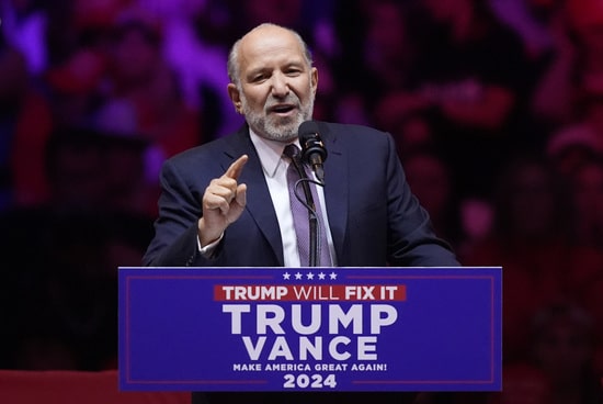 FILE - Howard Lutnick speaks at a campaign rally at Madison Square Garden, in New York, Oct. 27, 2024. (AP Photo/Evan Vucci, File)