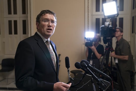 Rep. Thomas Massie, R-Ky., speaks to reporters at the Capitol after he blocked a unanimous consent vote on a long-awaited $19 billion disaster aid bill in the chamber on Tuesday, May 28, 2019. (AP Photo/J. Scott Applewhite)