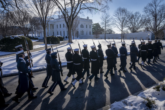 FILE - Members of the U.S. military Joint Honor Guard parade as they rehearse ahead of the upcoming presidential inauguration, at the North Lawn in front of the White House in Washington, Jan. 12, 2025. (AP Photo/Ben Curtis, File) FILE - Members of the U.S. military Joint Honor Guard parade as they rehearse ahead of the upcoming presidential inauguration, at the North Lawn in front of the White House in Washington, Jan. 12, 2025. (AP Photo/Ben Curtis, File)