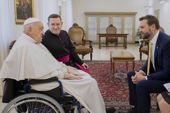 Pope Francis receives U.S. Vice President JD Vance, right, before bestowing the Urbi et Orbi (Latin for to the city and the world) blessing in St. Peter's Square at the Vatican Sunday, April 20, 2025. (Vatican Media via AP, HO) Pope Francis receives U.S. Vice President JD Vance, right, before bestowing the Urbi et Orbi (Latin for to the city and the world) blessing in St. Peter's Square at the Vatican Sunday, April 20, 2025. (Vatican Media via AP, HO)