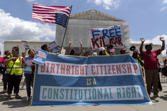 Demonstrators holds a banner during a citizenship rally outside of the Supreme Court in Washington, Thursday, May 15, 2025. (AP Photo/Jose Luis Magana) Demonstrators holds a banner during a citizenship rally outside of the Supreme Court in Washington, Thursday, May 15, 2025. (AP Photo/Jose Luis Magana)