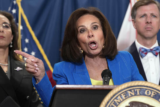 U.S. Attorney Jeanine Pirro speaks during a news conference on charges related to the deadly shooting of Israeli Embassy staff during a news conference at the Attorney General's office for the District of Columbia in Washington, Thursday, Aug. 7, 2025. (AP Photo/Jose Luis Magana)