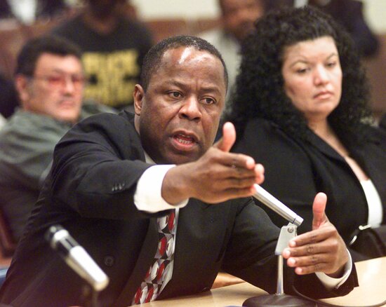 Attorney Leo Terrell, representing the family of Margaret Mitchell, a homeless women who was shot and killed after threatening officers with a screwdriver in May, 1999, gestures during a forum held by the Congressional Black Caucus Monday, Aug. 30, 1999, in downtown Los Angeles. During the forum, which focused on alleged law enforcment abuse, caucus members said they'll make police brutality an issue in the 2000 presidential campaign. (AP Photo/Nick Ut) Attorney Leo Terrell, representing the family of Margaret Mitchell, a homeless women who was shot and killed after threatening officers with a screwdriver in May, 1999, gestures during a forum held by the Congressional Black Caucus Monday, Aug. 30, 1999, in downtown Los Angeles. During the forum, which focused on alleged law enforcment abuse, caucus members said they'll make police brutality an issue in the 2000 presidential campaign. (AP Photo/Nick Ut)